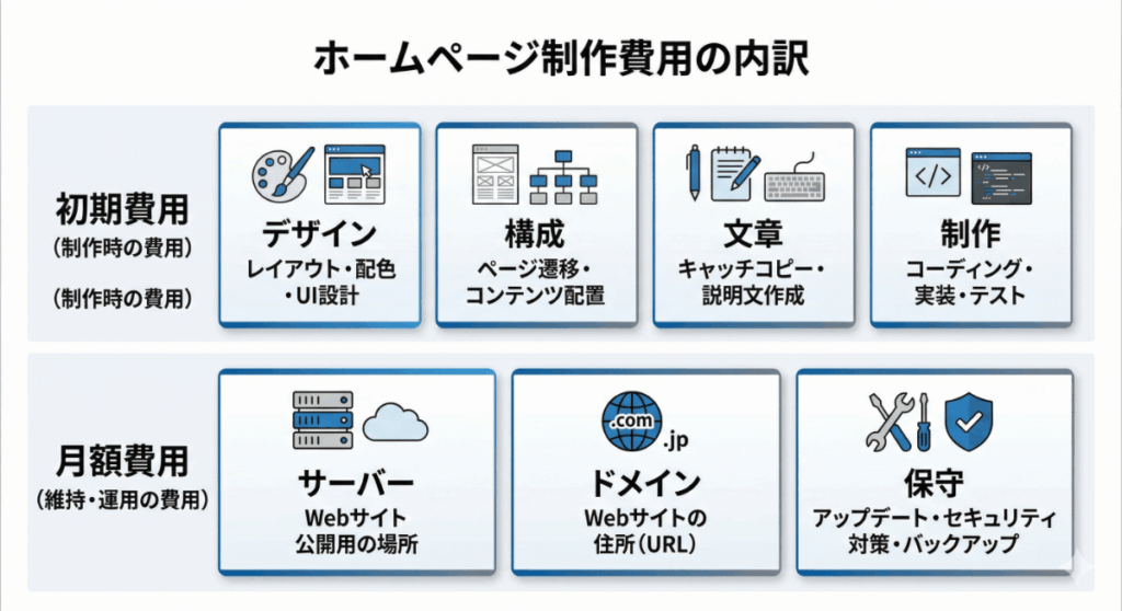 ホームページ費用の内訳(初期+月額)