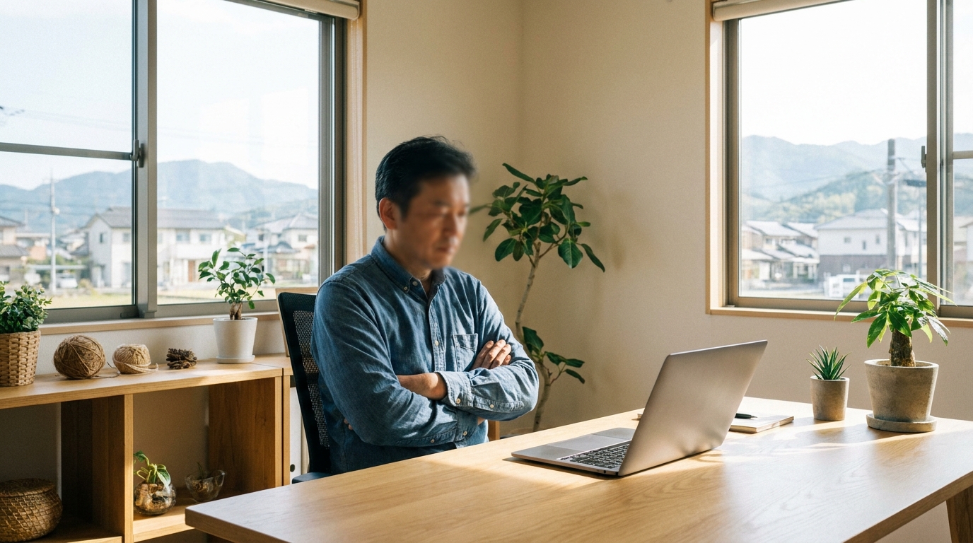 岡山県の地方都市のオフィスで、50代の男性経営者がノートPCの前で腕組みをして考え込んでいる場面。朝の柔らかい光、写真風、顔はぼかす、清潔感のある室内