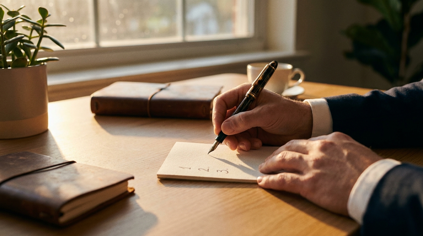 経営者が机に向かってノートに手書きで順番を書き出している場面。3つの番号が書かれた紙がクローズアップ、朝日が差し込む、写真風