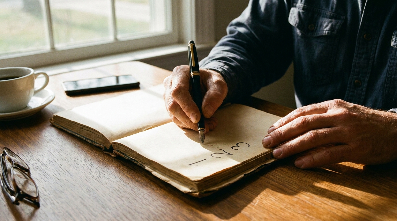 経営者が机に向かってノートに手書きで順番を書き出している場面。3つの番号が書かれた紙がクローズアップ、朝日が差し込む、写真風
