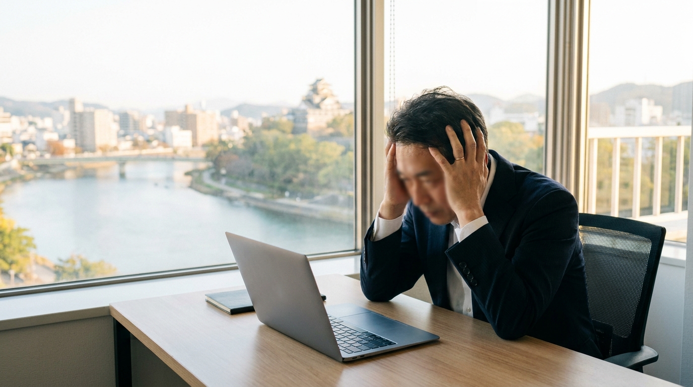 50代の男性経営者が、デスクの上のパソコン画面を見ながら、両手で頭を抱えている場面。窓の外には岡山の街並み、午後の落ち着いた光、写真風、顔はぼかす