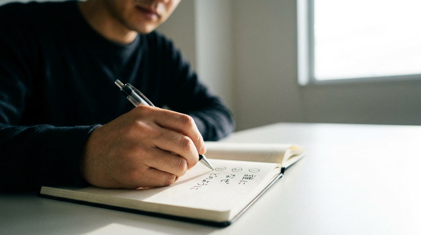 経営者が机に向かってノートに手書きで「①誰に ②なぜ ③どのように」と順番を書いている場面。3つの番号が書かれた紙がクローズアップ、朝日が差し込む、写真風、顔はぼかす