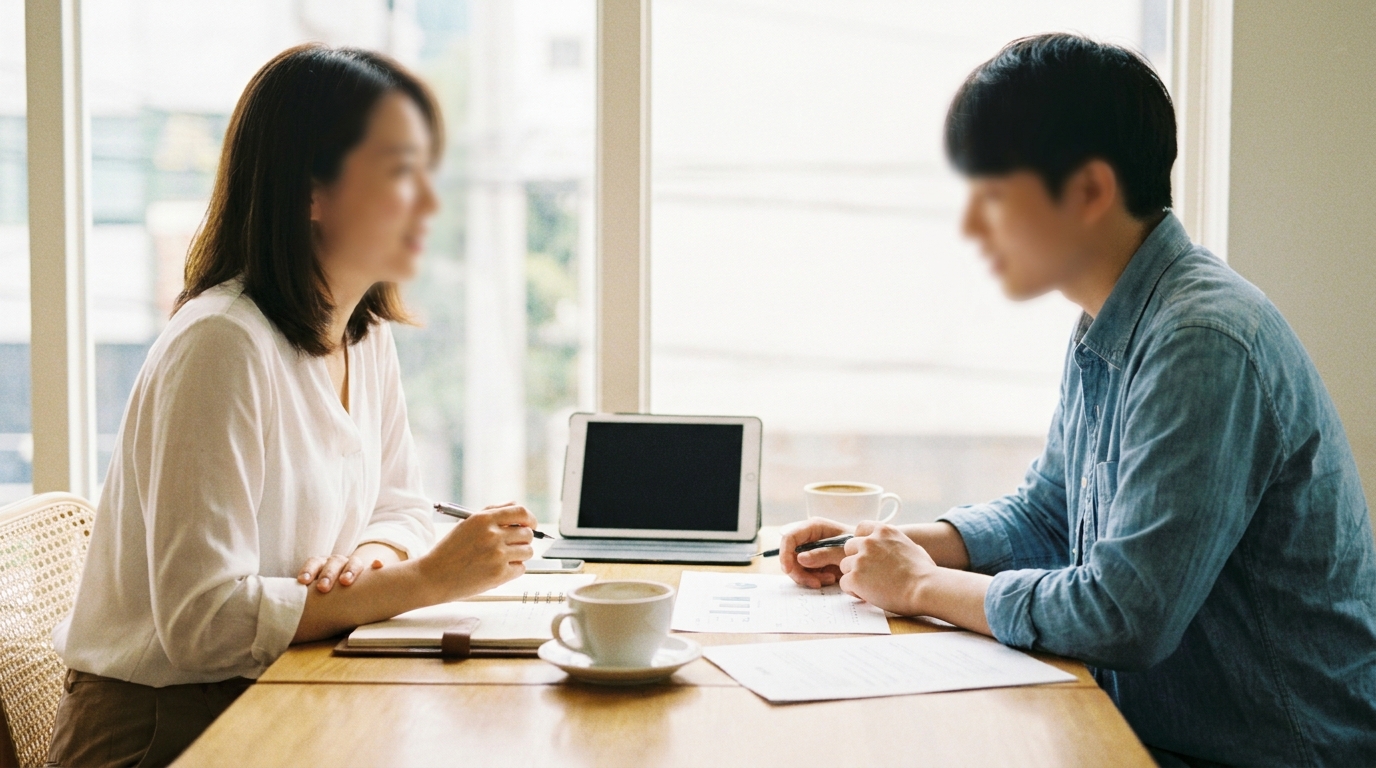 中小企業の経営者と若いWeb担当者が穏やかにカフェのテーブルで打ち合わせしている場面。ノートと資料、コーヒーカップ、自然光、写真風、顔はぼかす