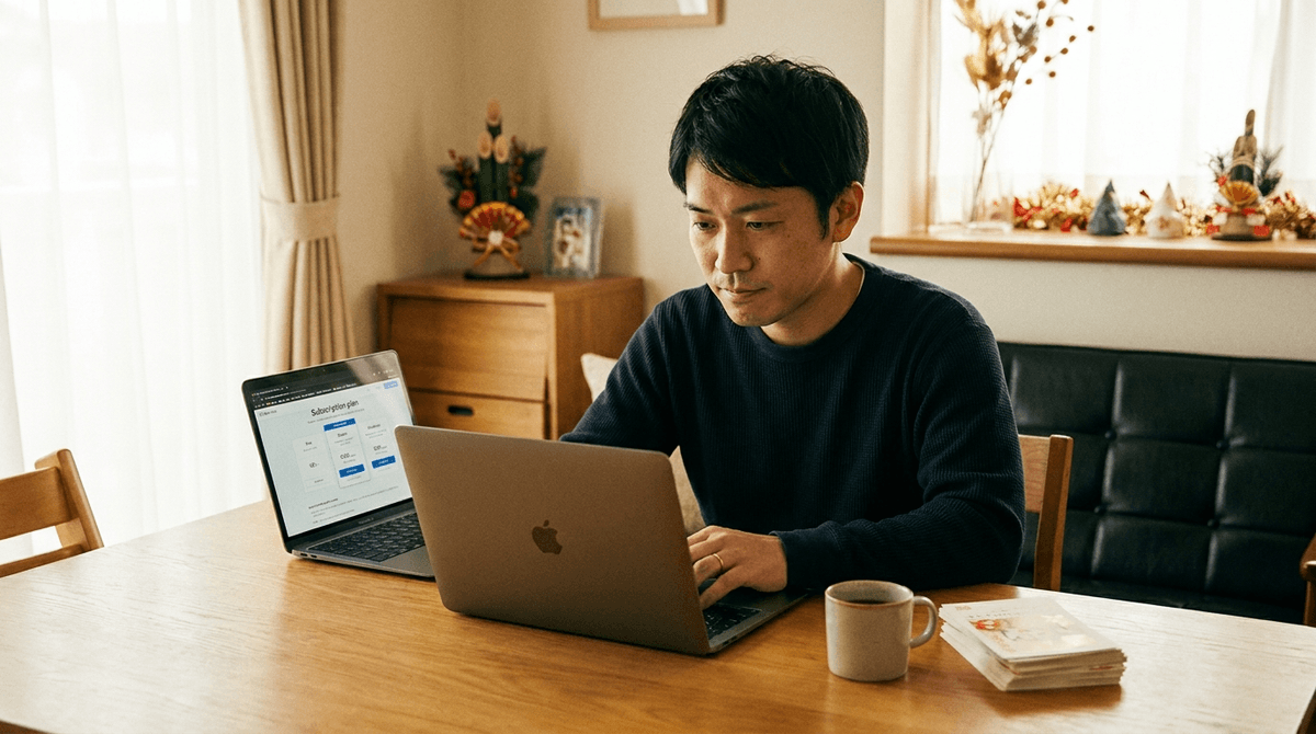 年末年始のリビングで、PCに向かって有料プラン申込画面を見つめる30代後半の男性。コーヒーマグと年賀状が脇に。少し決意の表情、温かい色調、写真風