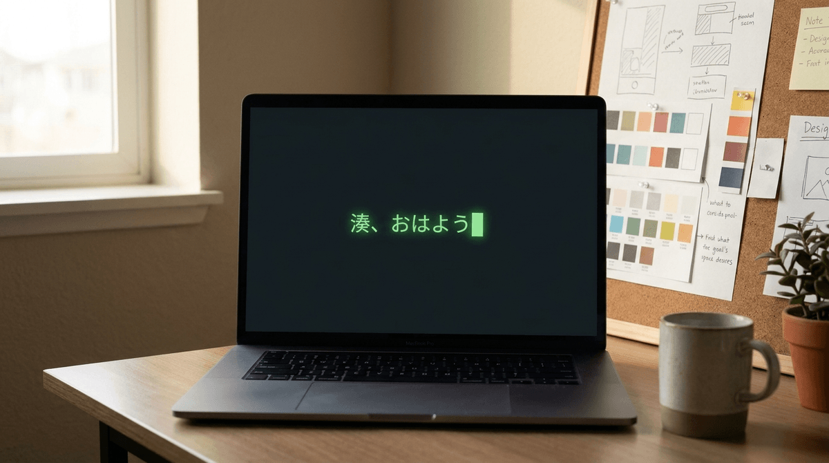 ノートPCの黒い画面に CLI 風のテキスト表示。プロンプト入力欄に「湊、おはよう」と打ち込まれている。背景は早朝の机、デザインボードや手書きメモが脇に。落ち着いた色調、写真風