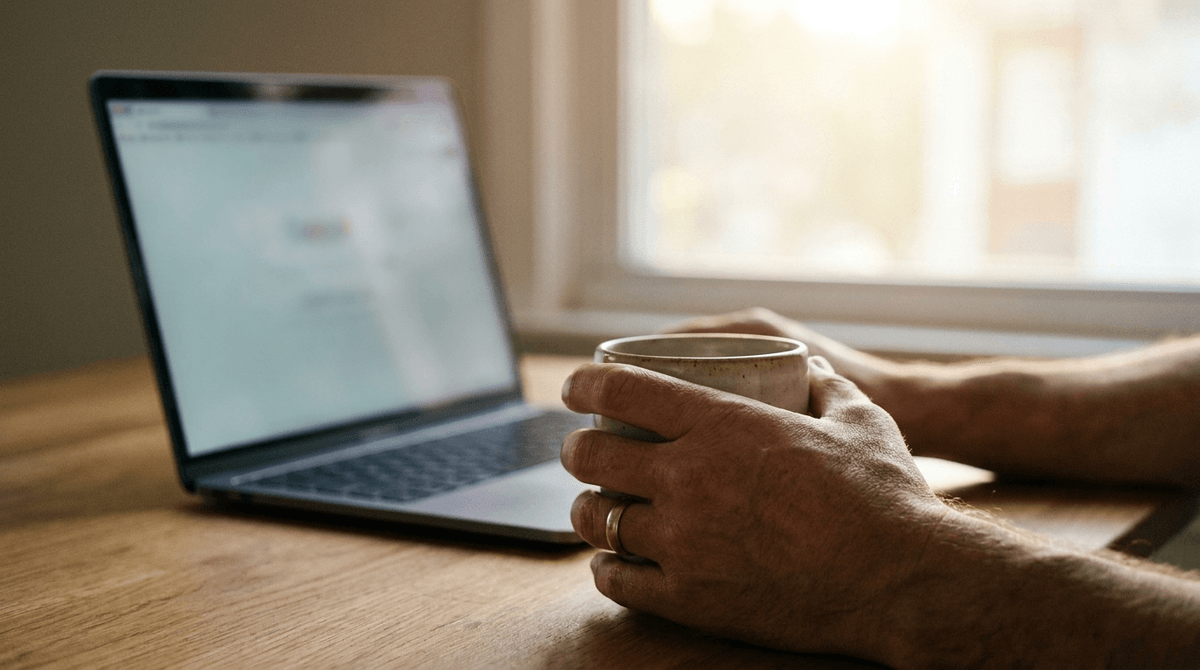 早朝のデスクで、ノートPCの画面に向かいながらコーヒーを飲む30代後半の男性の手元。穏やかな光、写真風、安心感のある雰囲気