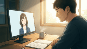 30代後半の日本人男性Web制作者が、PCの前で穏やかな表情で湊（仮想AI秘書）と対話している様子。デスクには手書きノートとマグカップ。朝の光、写真風、温かみのある雰囲気。顔は控えめにぼかす