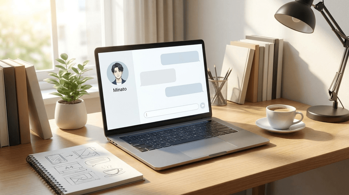 ノートPCの画面に湊（AI秘書）の対話画面、手元にA4ノート、コーヒー、整然としたデスク。落ち着いた書斎の雰囲気、写真風、午前の柔らかい光