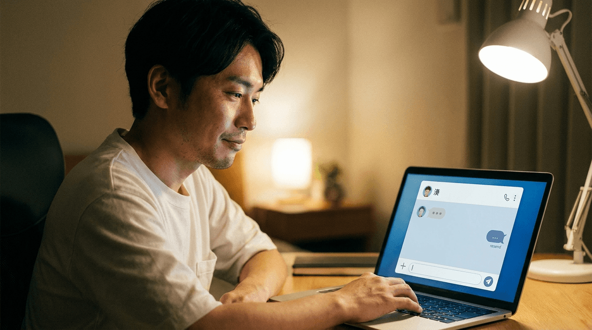 PCに向かって少し疲れた表情の男性、湊との対話画面に「すみません、もう一度教えてください」のような表示、優しい雰囲気、写真風、夜の柔らかい照明