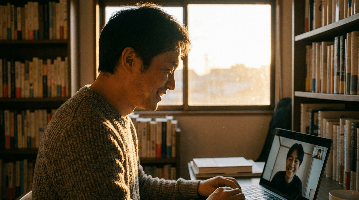 男性が穏やかに微笑んでPC画面を見ている、湊との温かい対話の雰囲気、書斎の本棚、写真風、夕方の柔らかい光、信頼感を感じる構図