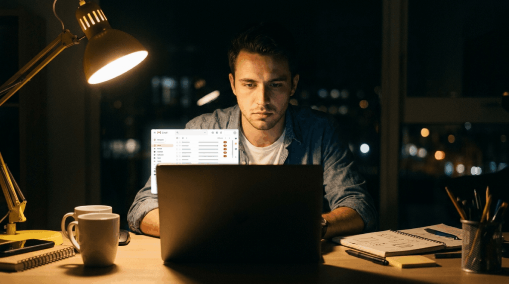 夜遅くのデスクで、ノートPCの画面を見ながら少し疲れた表情の若い男性Web制作者。受信箱の通知が大量に積み上がっている画面。柔らかいデスクライトの光、写真風、顔は半分影、誠実な雰囲気