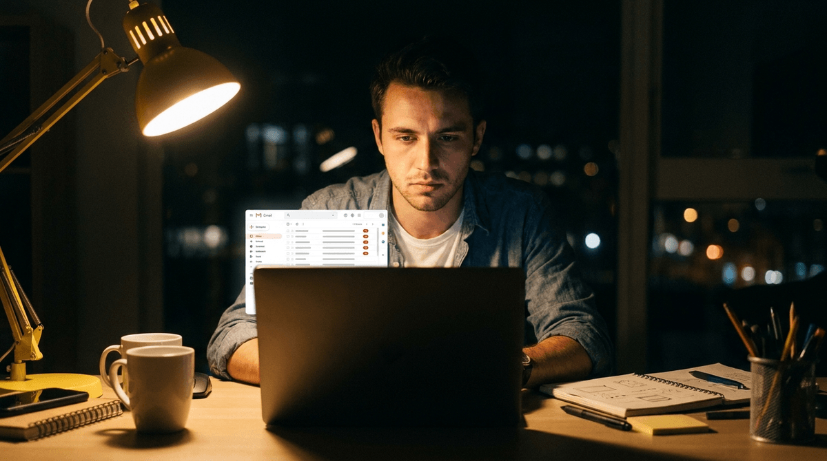 夜遅くのデスクで、ノートPCの画面を見ながら少し疲れた表情の若い男性Web制作者。受信箱の通知が大量に積み上がっている画面。柔らかいデスクライトの光、写真風、顔は半分影、誠実な雰囲気