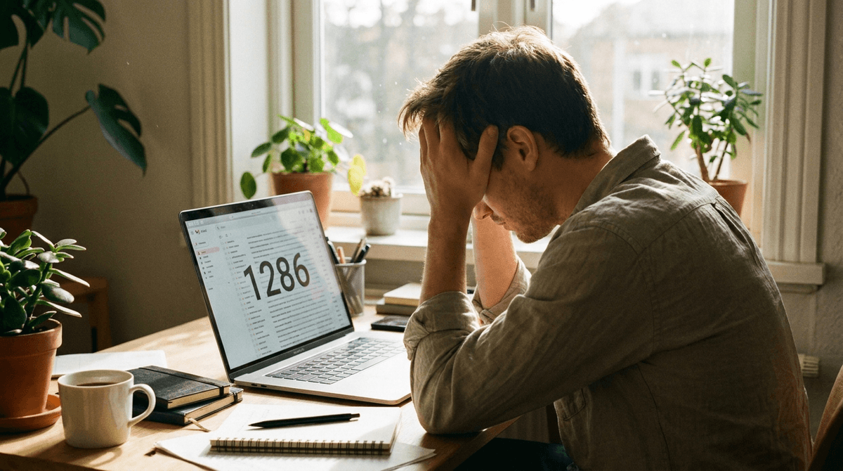 朝のデスクでノートPCを開き、未読メールが大量に表示された画面を見て頭を抱える若い男性Web制作者。受信箱の通知が3桁を超えている画面。朝日が窓から差し込み、現実感のある写真風