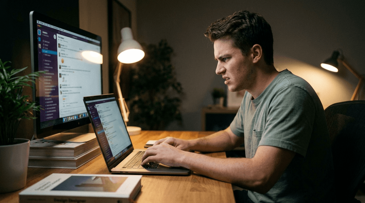夜のデスクで、ノートPCに向かって少し苛立った表情で文字を打ち込む若い男性Web制作者。画面にはチャットの履歴が表示されている。落ち着いた色味、写真風、リアルな雰囲気
