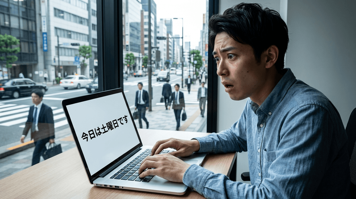 ノートPCの画面に「今日は土曜日です」と表示されているのを見て、驚きと焦りで目を見開く若い男性Web制作者。背景には平日の月曜日の風景、写真風、緊張感のある構図