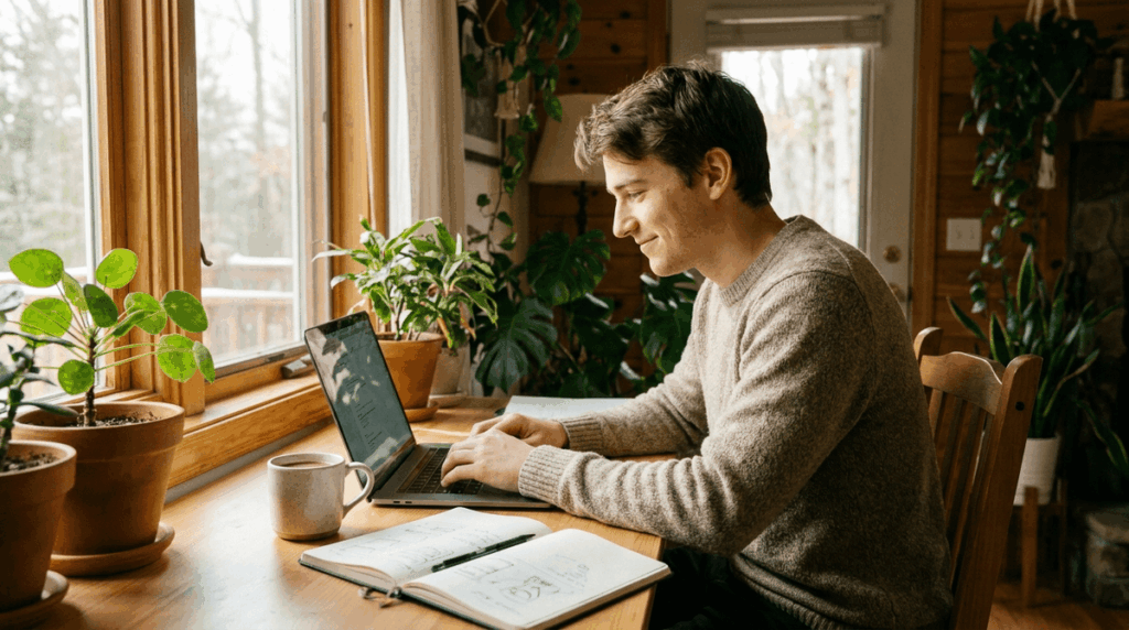 朝の窓辺デスクで、ノートPCに向き合いながら静かに微笑む若い男性Web制作者。机にはコーヒーとメモ。柔らかい朝の光、写真風、温かみのある雰囲気、誠実な表情