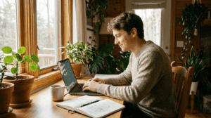 朝の窓辺デスクで、ノートPCに向き合いながら静かに微笑む若い男性Web制作者。机にはコーヒーとメモ。柔らかい朝の光、写真風、温かみのある雰囲気、誠実な表情