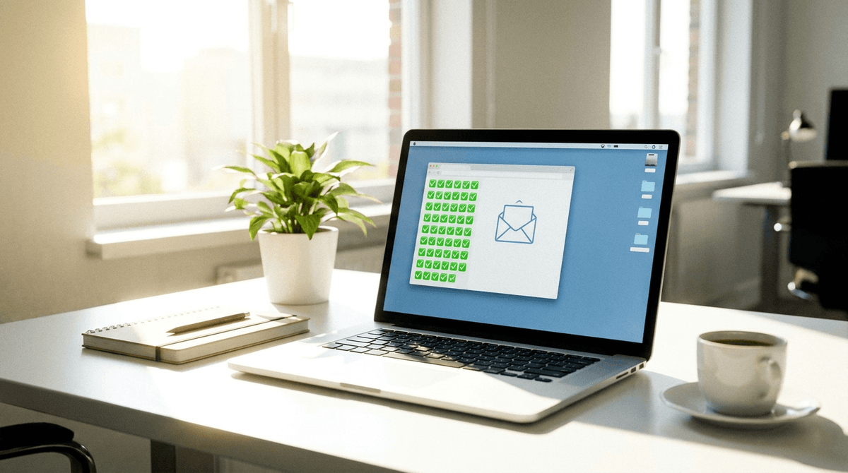 ノートPCの画面に「タスク完了」のチェックが整然と並んでいる様子。その隣に空っぽの受信箱とすっきりしたデスクトップ。明るく前向きな朝のオフィス、写真風、整理された雰囲気