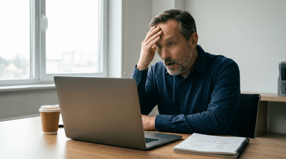 50代の男性経営者が真剣な表情でパソコンの前に座り、画面に表示されたAIチャットの返答を見て困惑している様子。机の上にはコーヒーカップ、メモ帳。室内は朝の柔らかい自然光、写真風、ドキュメンタリーテイスト、顔はぼかす