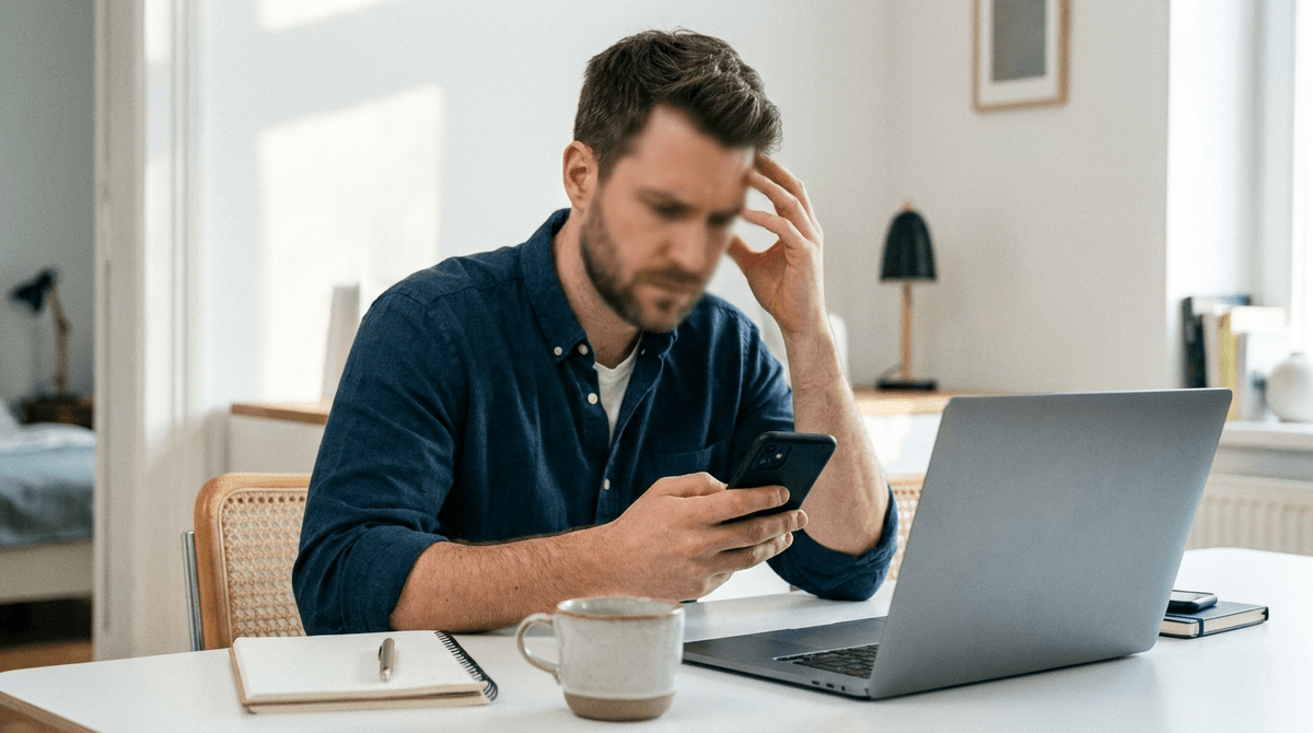 30代の個人事業主が、スマートフォンを片手にSNSのアナリティクス画面を見て困った表情をしている様子。机の上には開きっぱなしのノートパソコン、コーヒーカップ、メモ帳。室内は午後の柔らかい光、ドキュメンタリーテイスト、写真風、顔はぼかす