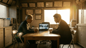 夕暮れの日本の中小企業の会議室で、年配の先代らしき男性社長と、30代後半の若い後継者が机を挟んで対峙している。机の上にはノートパソコンが置かれ、画面にコーポレートサイトが映っている。窓越しに沈みかけた夕日が部屋を温かく照らす一方、二人の表情