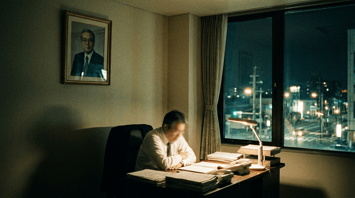 日本の地方都市の夜のオフィス。電気を半分消した薄暗い社長室の壁に、先代社長の写真が額装されて飾られている。その下のデスクで、新社長らしき男性が一人、書類の山を前に肩を落としている。窓の外には街灯がぼんやり灯る。重く、ノスタルジックな空気感。