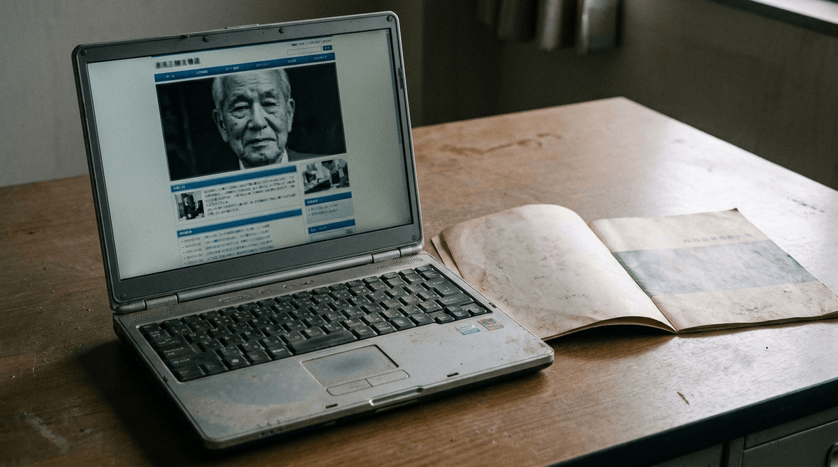 古いコーポレートサイトのデザインがノートパソコンの画面に映っている。トップにはやや古い印象の先代社長の白黒写真と「創業○○年」の文字。やや暗いトーン、机の上には埃をかぶった会社案内パンフレット。重く停滞した雰囲気。写真風、ドキュメンタリーテ
