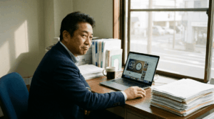 50代の男性経営者が、地方都市のオフィスでノートパソコンの前に座り、画面に映る『AIで5分でホームページが作れる！』という動画サムネイルを少し怪訝な表情で眺めている。机には書類とコーヒーカップ。窓からは午後の柔らかい光。写真風、ドキュメンタ