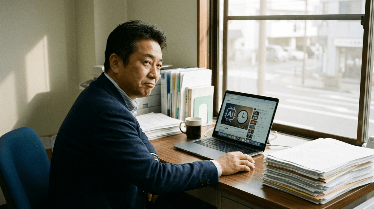 50代の男性経営者が、地方都市のオフィスでノートパソコンの前に座り、画面に映る『AIで5分でホームページが作れる!』という動画サムネイルを少し怪訝な表情で眺めている。机には書類とコーヒーカップ。窓からは午後の柔らかい光。写真風、ドキュメンタ