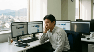 50代の男性経営者がデスクで複数のブラウザタブを開き、「おすすめツール11選」「無料5選比較」といった同じような見出しのブログ記事を見比べて、少し疲れた表情をしている。岡山県の地方都市オフィス、午前の柔らかい光、写真風