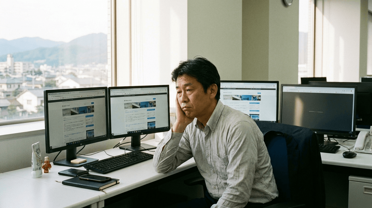 50代の男性経営者がデスクで複数のブラウザタブを開き、「おすすめツール11選」「無料5選比較」といった同じような見出しのブログ記事を見比べて、少し疲れた表情をしている。岡山県の地方都市オフィス、午前の柔らかい光、写真風