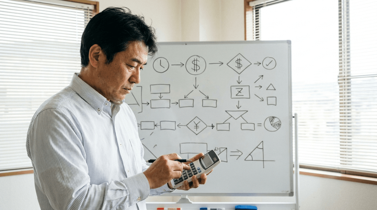 ホワイトボードに『時給』『総作業時間』『機会費用』の3つの言葉を書き、電卓を片手に真剣な表情で計算している50代の男性経営者。岡山県の地方都市オフィス、午前の自然光、写真風、ドキュメンタリーテイスト