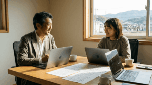50代の男性経営者と若手のWeb担当者が、岡山県の地方都市オフィスで穏やかな表情で打ち合わせをしている。机にはノートPCと手書きの設計書、コーヒーカップ。窓から差す午後の自然光、写真風、ドキュメンタリーテイスト、温かい雰囲気