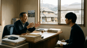 岡山県の地方都市のオフィスで、60代の男性経営者が机を挟んで若手の聞き手に自社の歴史を熱く語っている場面。午前の柔らかい自然光、写真風、ドキュメンタリーテイスト、温かみのある色調
