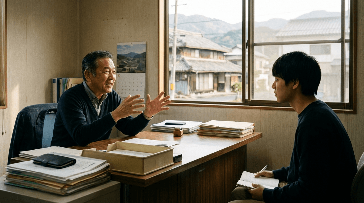 岡山県の地方都市のオフィスで、60代の男性経営者が机を挟んで若手の聞き手に自社の歴史を熱く語っている場面。午前の柔らかい自然光、写真風、ドキュメンタリーテイスト、温かみのある色調