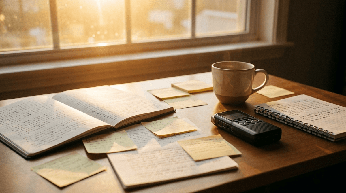 机の上に広げられた手書きのメモと付箋、ボイスレコーダー、コーヒーカップ。インタビューの準備が整った様子、温かい光、写真風