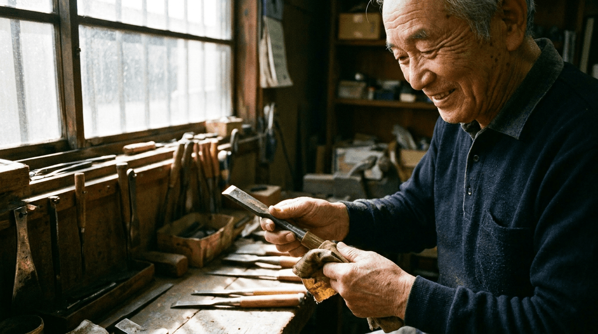 小さな町工場や工房で、職人が誇りを持って自分の仕事道具を手入れしている場面。手元と表情に集中、温かみのある光、写真風