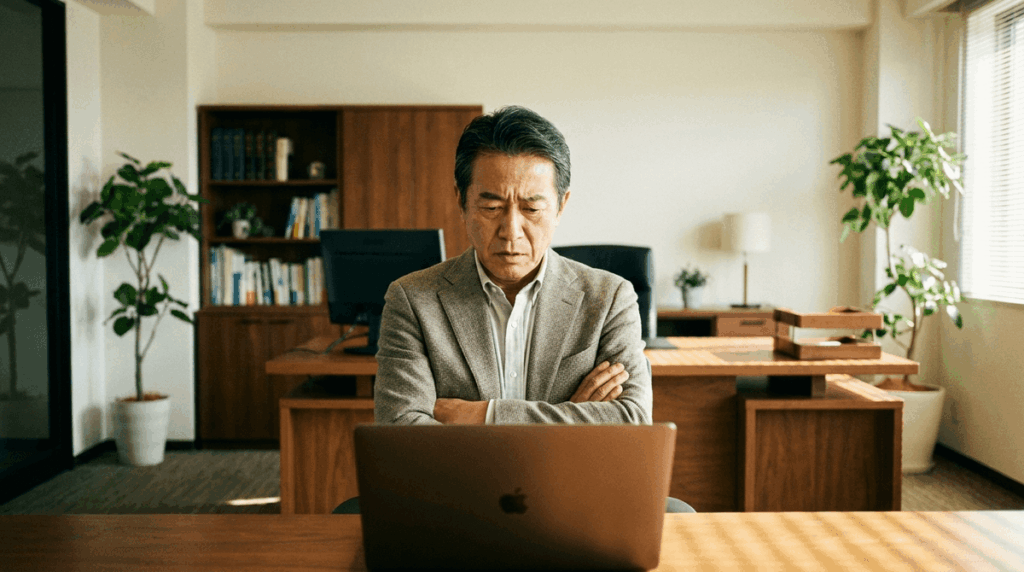 日本人の60代男性経営者が、自分のオフィスでノートパソコンの画面を見ながら「何を載せればいいんだ」と少し困った表情で腕を組んでいる場面。午前の柔らかい自然光、写真風、ドキュメンタリーテイスト、温かみのある色調