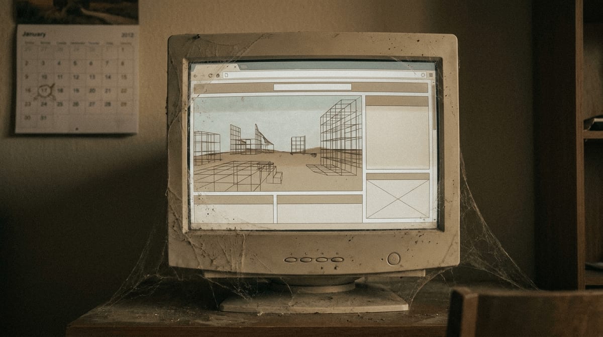 古びたウェブサイトの画面に「準備中（カミングスーン）」「最終更新3年前」と表示されている。少し寂しげで、誰にも見られていない雰囲気。写真風、落ち着いた色調