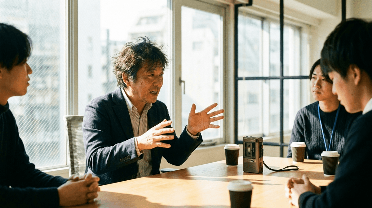 日本人の50代男性経営者が、土曜日の昼下がりのオフィスで、若手の聞き手に向かって自社の歴史を熱心に語っている場面。テーブルにはボイスレコーダーとコーヒー。自然光、写真風、ドキュメンタリーテイスト、温かい雰囲気
