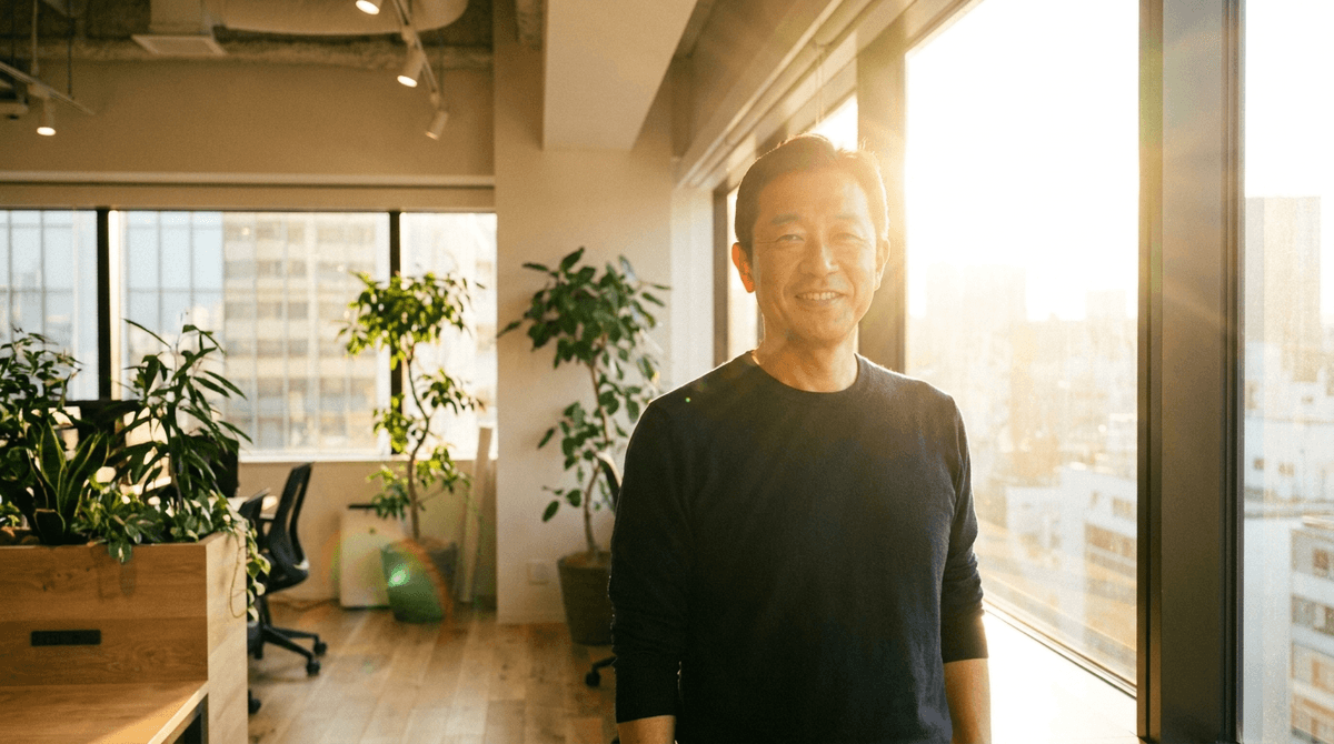 朝日が差し込むオフィスで、日本人の経営者が前を向いて穏やかに微笑んでいる、希望のある場面。温かい光、写真風、ドキュメンタリーテイスト