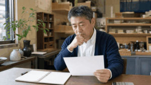 日本人の50代男性の中小企業経営者が、日本の地方都市の自分の店舗兼事務所で、価格表とノートを前に少し考え込んでいる場面。窓から午前の柔らかい自然光が差し込む。写真風、ドキュメンタリーテイスト、落ち着いた暖色トーン