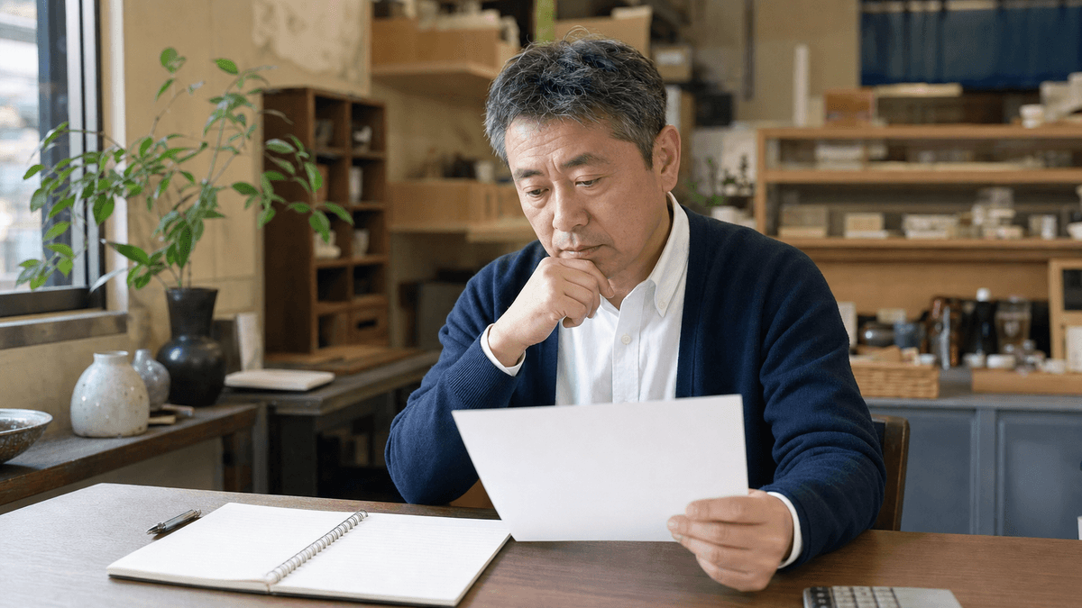 日本人の50代男性の中小企業経営者が、日本の地方都市の自分の店舗兼事務所で、価格表とノートを前に少し考え込んでいる場面。窓から午前の柔らかい自然光が差し込む。写真風、ドキュメンタリーテイスト、落ち着いた暖色トーン