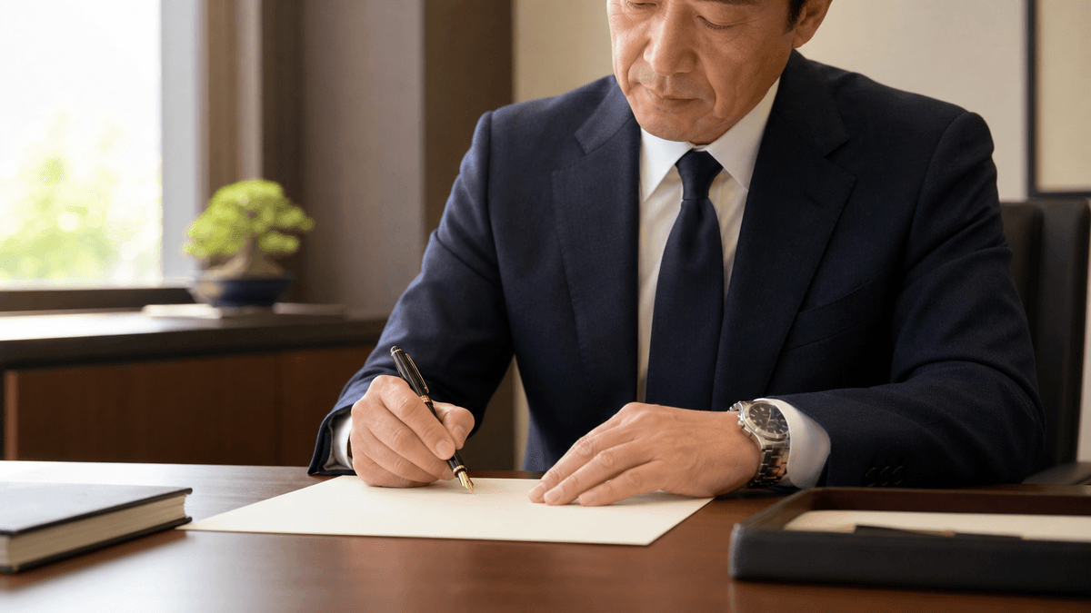 日本人の50代男性経営者が、机に向かって便箋に丁寧に手紙を書いている場面。誠実さと真剣さが感じられる。手元と万年筆のクローズアップ気味。写真風、ドキュメンタリーテイスト、温かい光