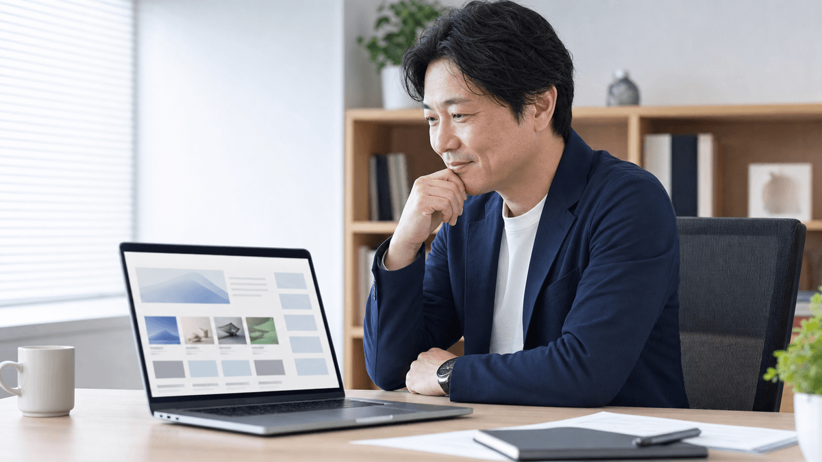 日本人の40代男性経営者が、ノートパソコンで自社のホームページの制作実績ページを見ながら、満足そうに考えている場面。画面には整理されたWebサイト。写真風、ドキュメンタリーテイスト、明るく前向きな雰囲気