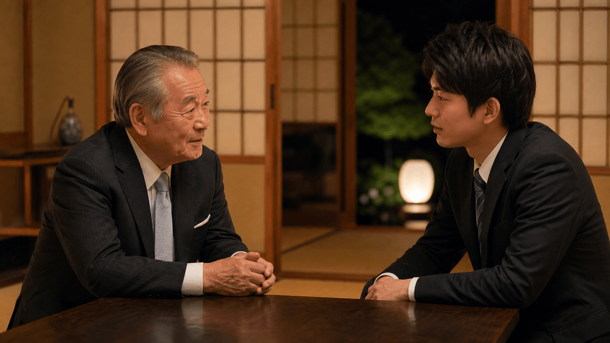 日本人の高齢の男性経営者(会長)と、親子ほど年の離れた若手社員が、和室で向き合って静かに語り合っている場面。夜、温かい照明。昔を懐かしむような穏やかな空気。写真風、ドキュメンタリーテイスト