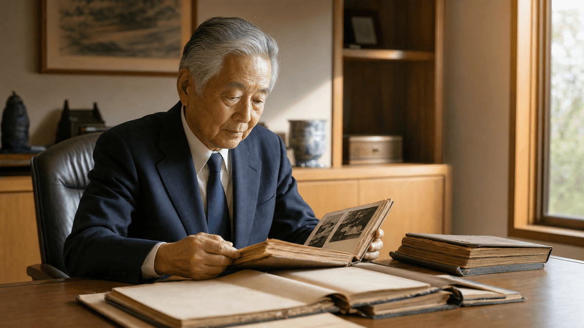 日本人の70代の男性創業経営者が、古いアルバムや手書きの帳簿を手に取り、若い頃を懐かしむように一人で静かに見ている場面。夕方の柔らかい光が差し込む。写真風、ドキュメンタリーテイスト、ノスタルジックな雰囲気