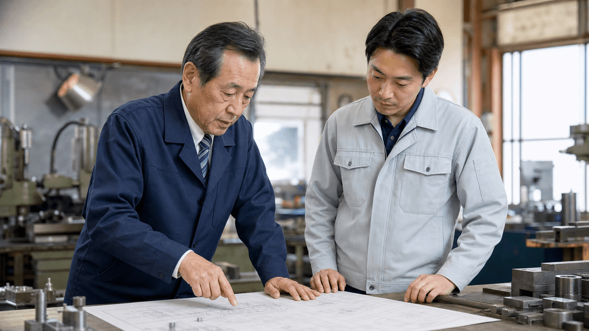 日本人の60代男性経営者と、後継者らしき30代の男性が、町工場の作業場で並んで図面を見ながら真剣に話している場面。世代を超えた継承の温かい雰囲気。自然光、写真風、ドキュメンタリーテイスト