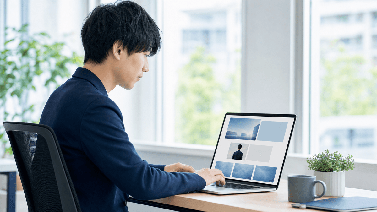 日本人の若手のWeb担当者が、ノートパソコンで会社の創業ストーリーや代表メッセージのページを制作している場面。画面には整理されたWebサイトが表示されている。明るいオフィス、自然光、写真風