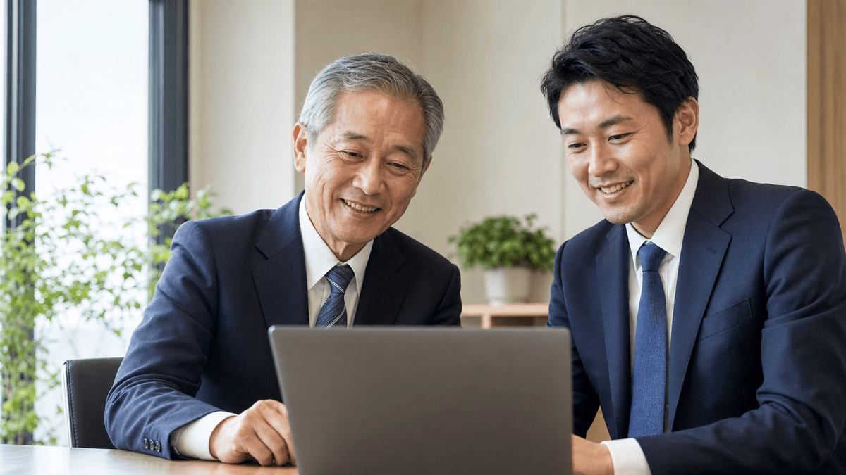 日本人の高齢の経営者と後継者らしき30代男性が、パソコンで自社のホームページを一緒に見ながら、穏やかに微笑んでいる場面。希望と安心が感じられる。明るい室内、自然光、写真風、ドキュメンタリーテイスト